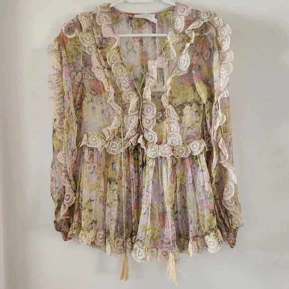 RARE! Zimmermann Valour Scallop Ruffle Blouse Floral Size AU 1 B81 - Picture 2 of 11